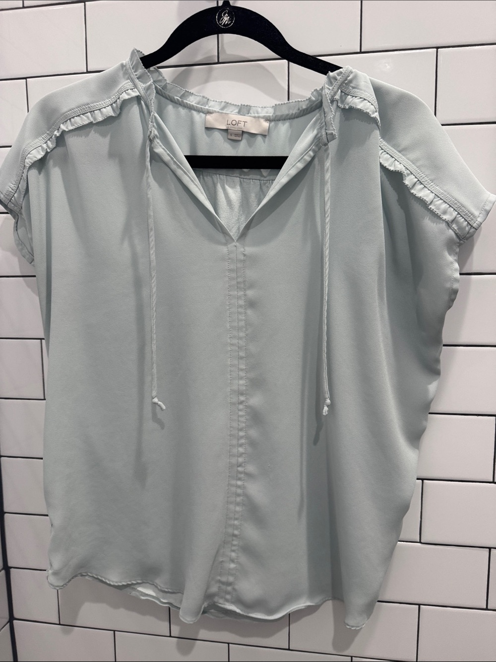 LOFT Light Sage Tie-Front Ruffle Sleeve Blouse
